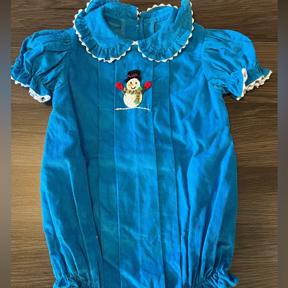Blue Corduroy Bubble with Snowman Embroidery